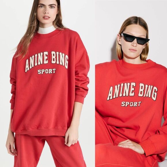 ANINE BING Size XS Tyler Sweatshirt Red Oversized Longsleeve Logo Pullover Top - Picture 1 of 11